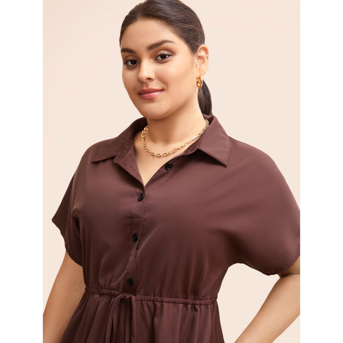 Plus Size Shirt Collar Batwing Sleeve Drawstring Dress Browncoffeecolor Women At the Office Drawstring Shirt collar Short sleeve Curvy BloomChic 18-20/2X Product Image