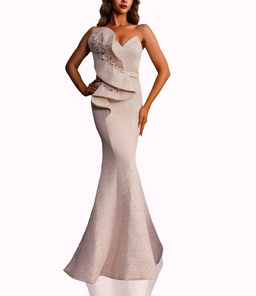 Terani Couture Sweetheart Neck 3D Ruffle Metallic Jacquard Mermaid Dress Product Image