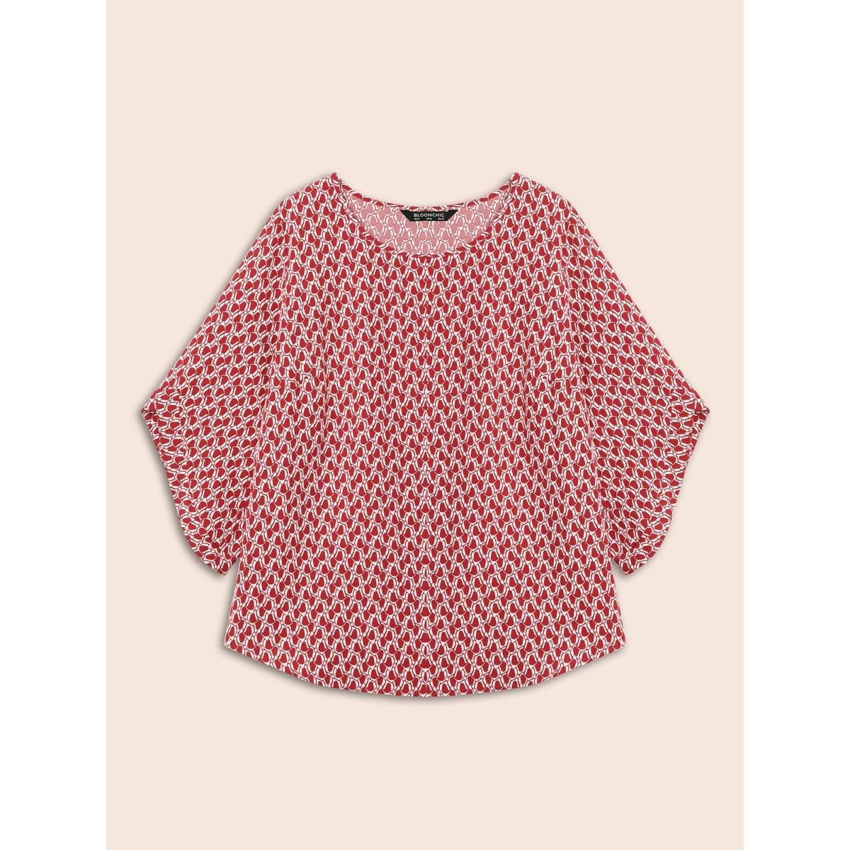 Plus Size Scarlet Geometric Round Neck Bell Sleeve Blouse Women At the Office Three Quarter Length Sleeve Round Neck Office Blouses BloomChic 28/5X Product Image