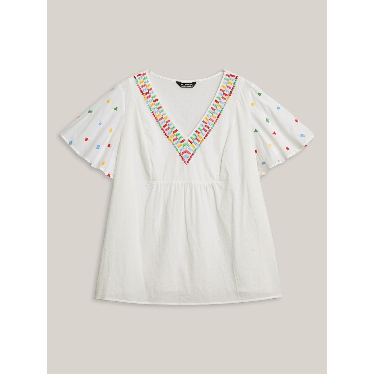 Plus Size Originalwhite Cotton Colorful Embroidery V-Neck Solid Blouse Women Short sleeve V-neck Casual Blouses BloomChic 12/L Product Image