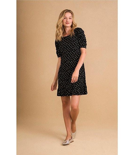 CeCe Crew Neck Short Puffed Sleeve Polka Dot Dress Product Image