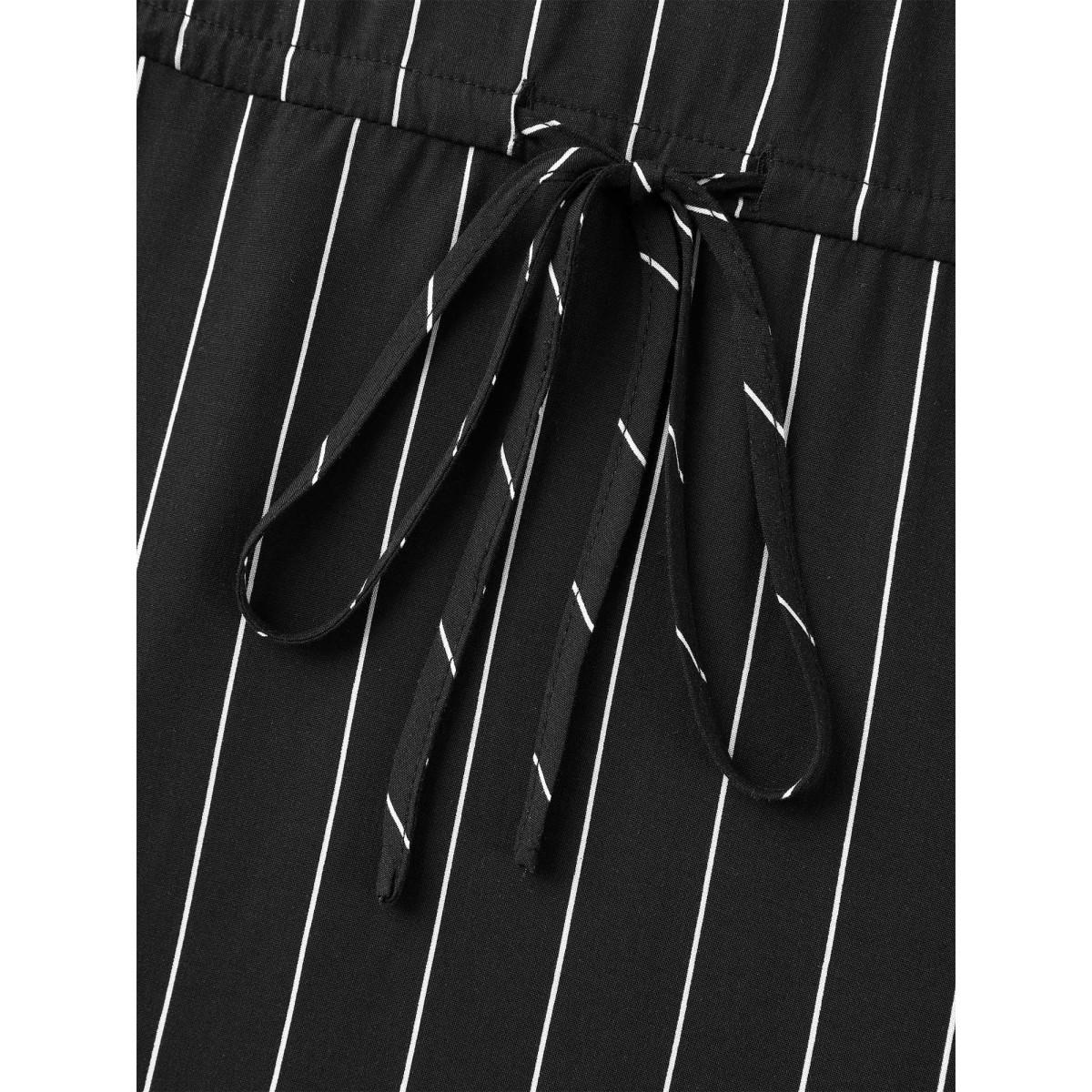 Plus Size Black Striped Waist-Tie Pockets Blouse Women Office Elbow-length sleeve Notched collar Office Blouses BloomChic 22-24/3X Product Image