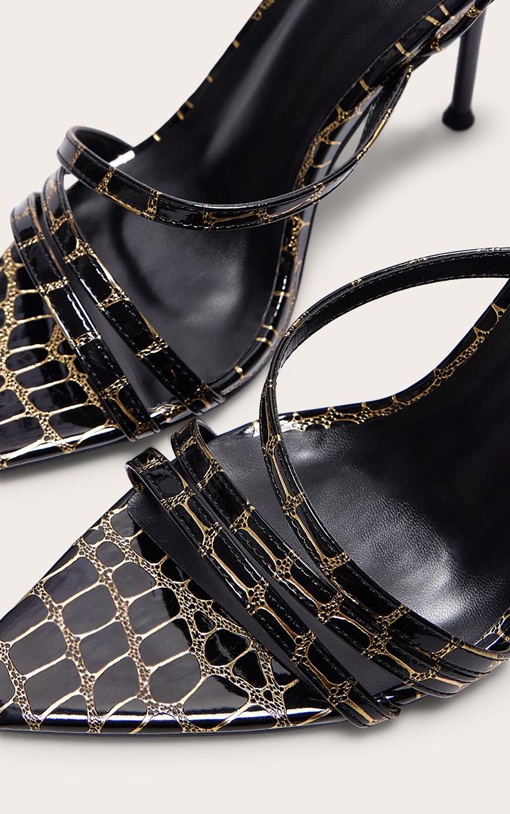 Black Contrast Croc Pu Point Toe Lace Up Heeled Sandals Product Image