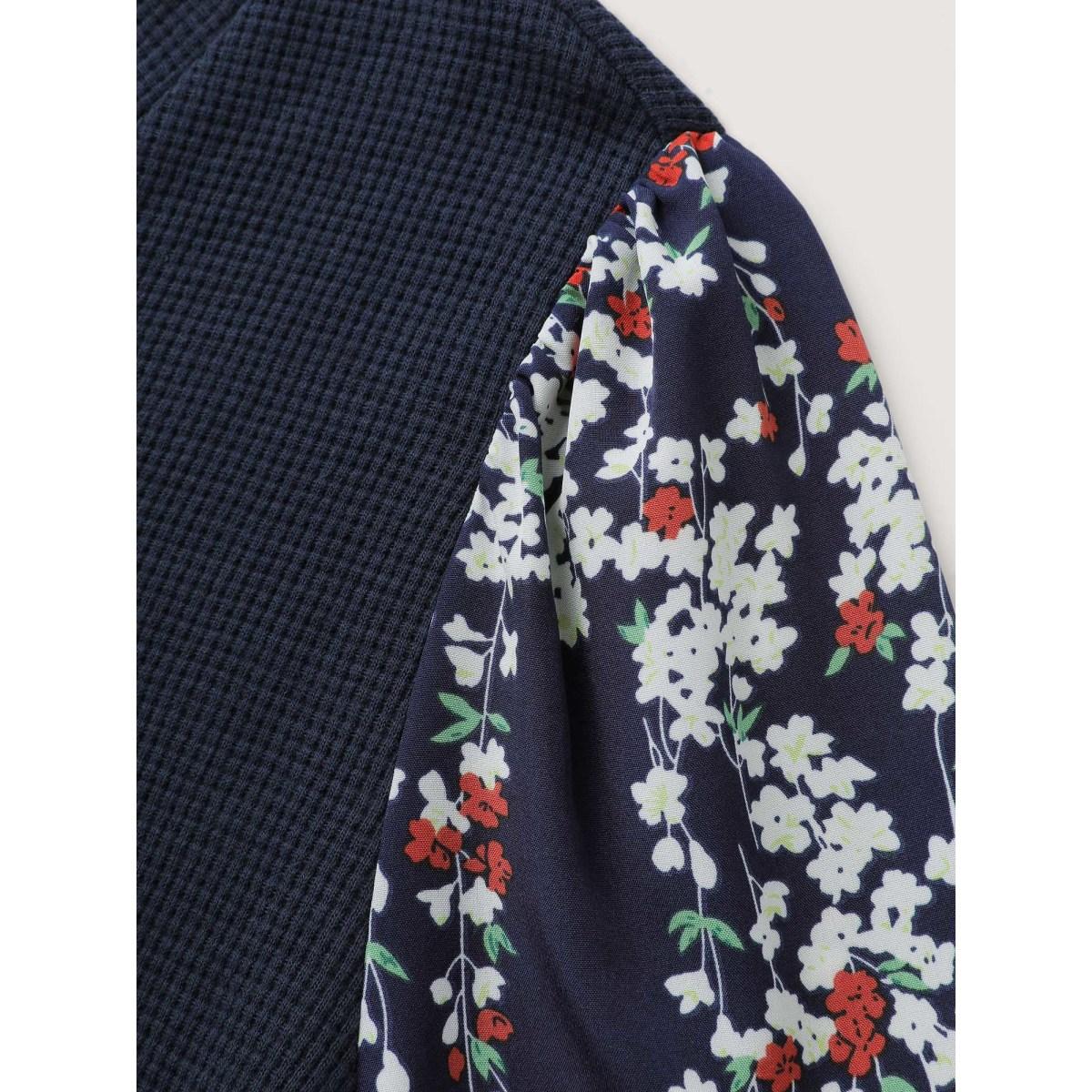 Plus Size Textured Floral Sleeve V-Neck Sweatshirt Women Indigo Leisure Texture V-neck Casual Sweatshirts BloomChic 26/4X Product Image