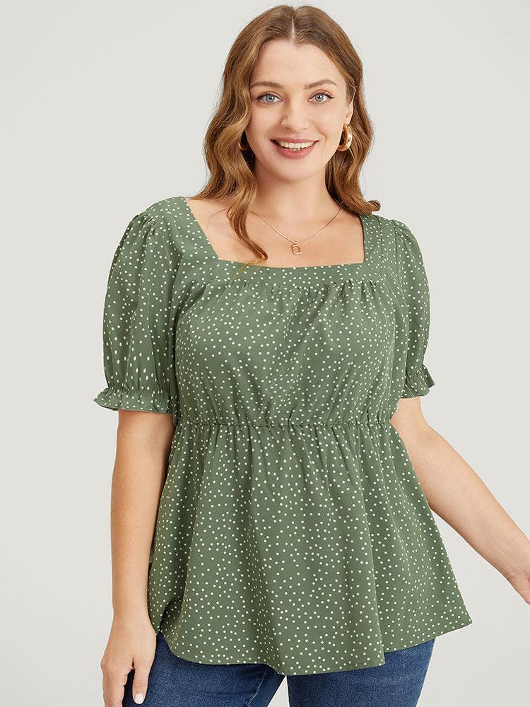 Polka Dot Square Neck Ruffles Puff Sleeve Blouse Female Product Image