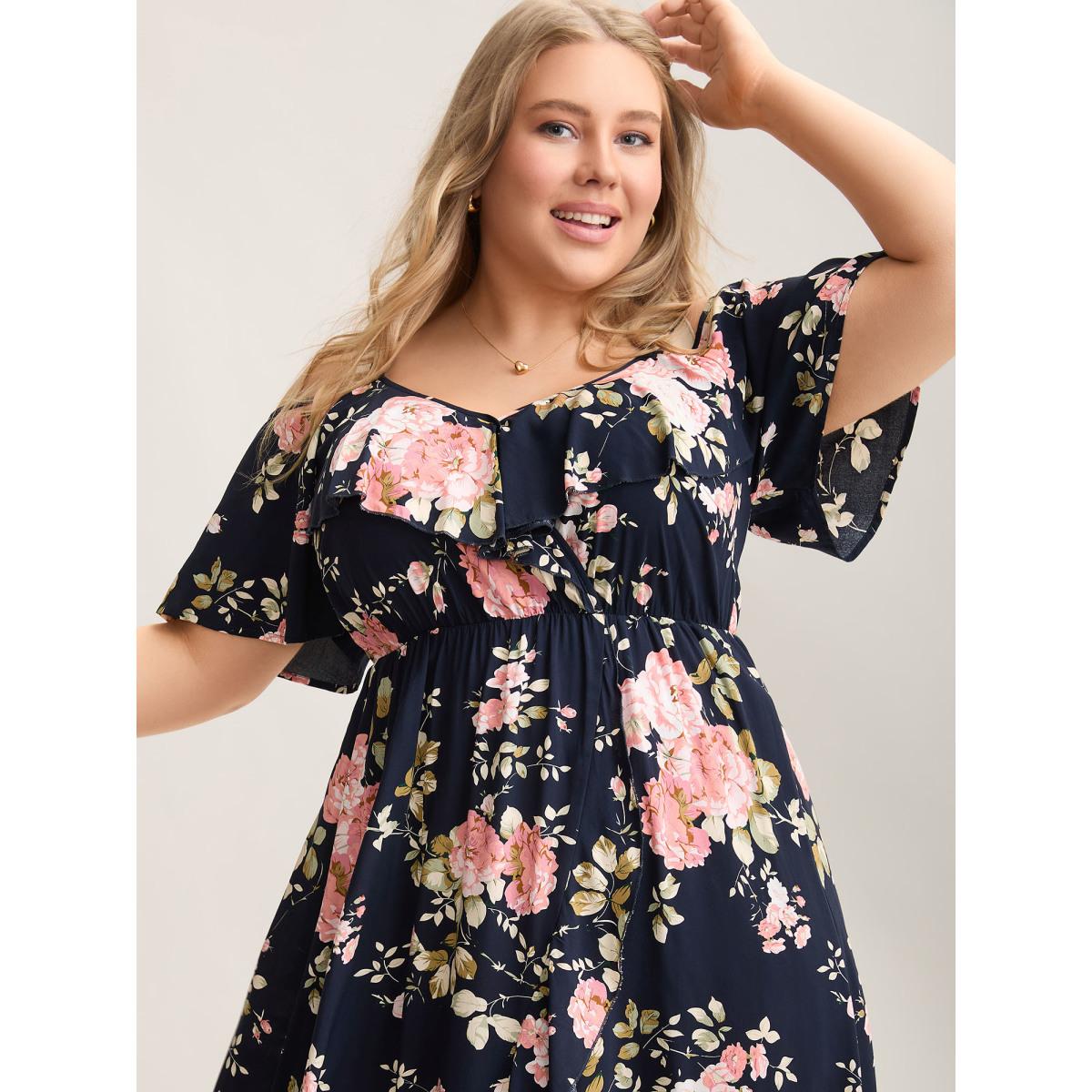 Plus Size Ruffled Neck Off-Shoulder Floral Midi Dress Navy Women Romantic Ruffles V-neck Short sleeve Curvy BloomChic 12/L Product Image