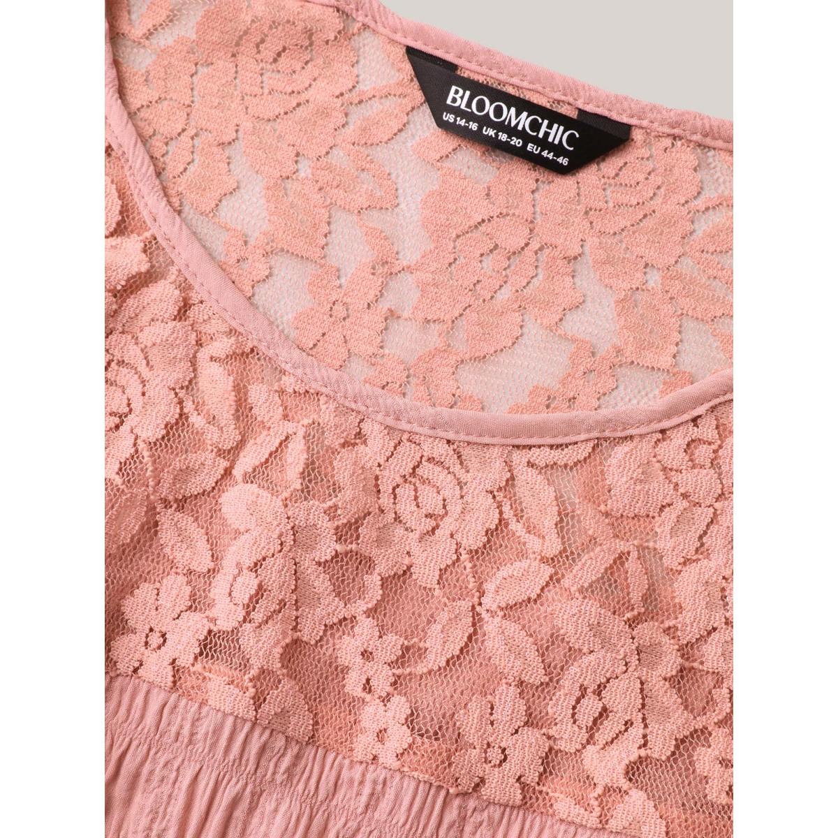 Plus Size Mesh Lace Neck Tiered Maxi Dress Salmon Women Round Neck Sleeveless Curvy BloomChic 26/4X Product Image