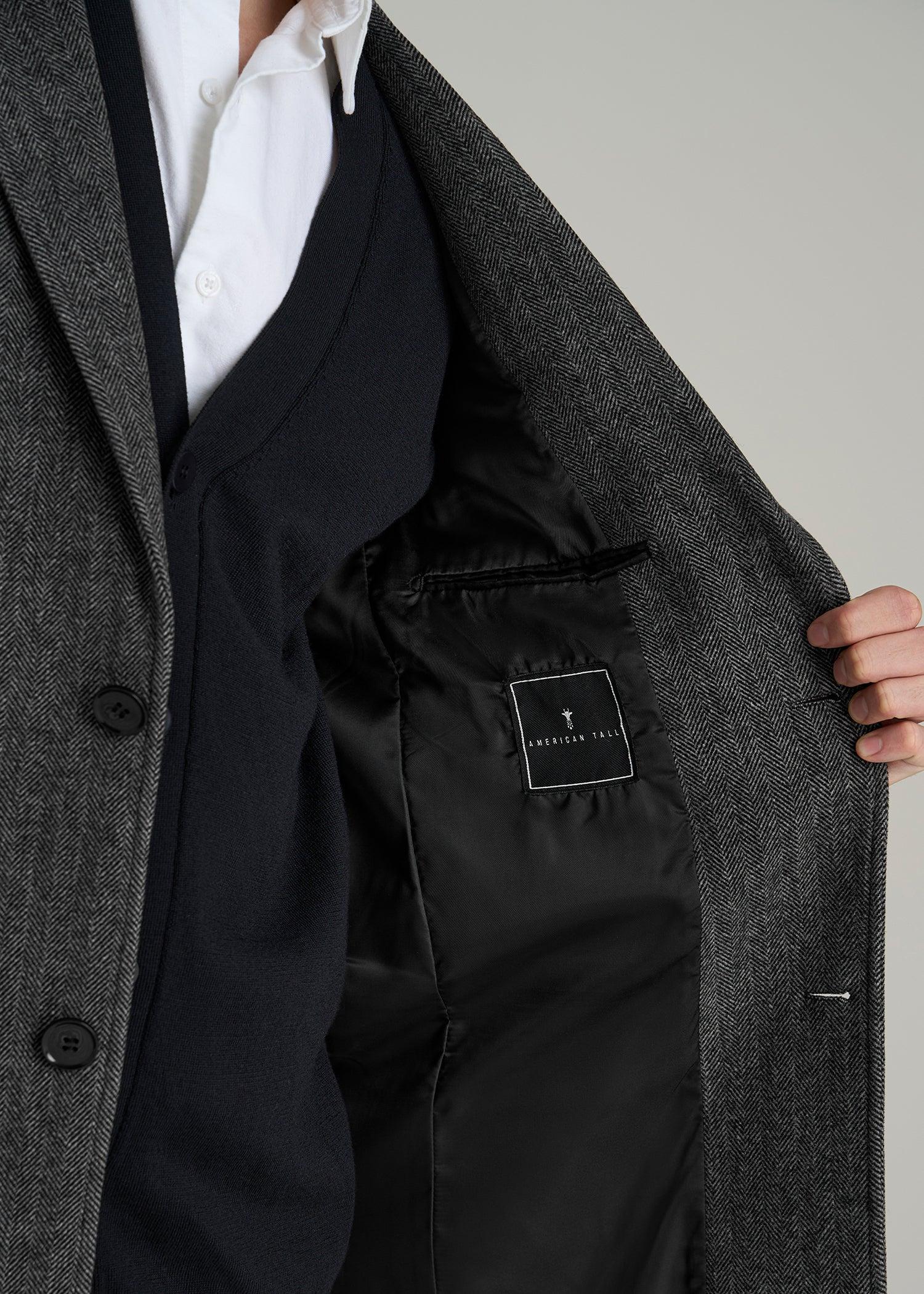 Wool Coat for Tall Men in Grey and Black Herringbone Male Product Image