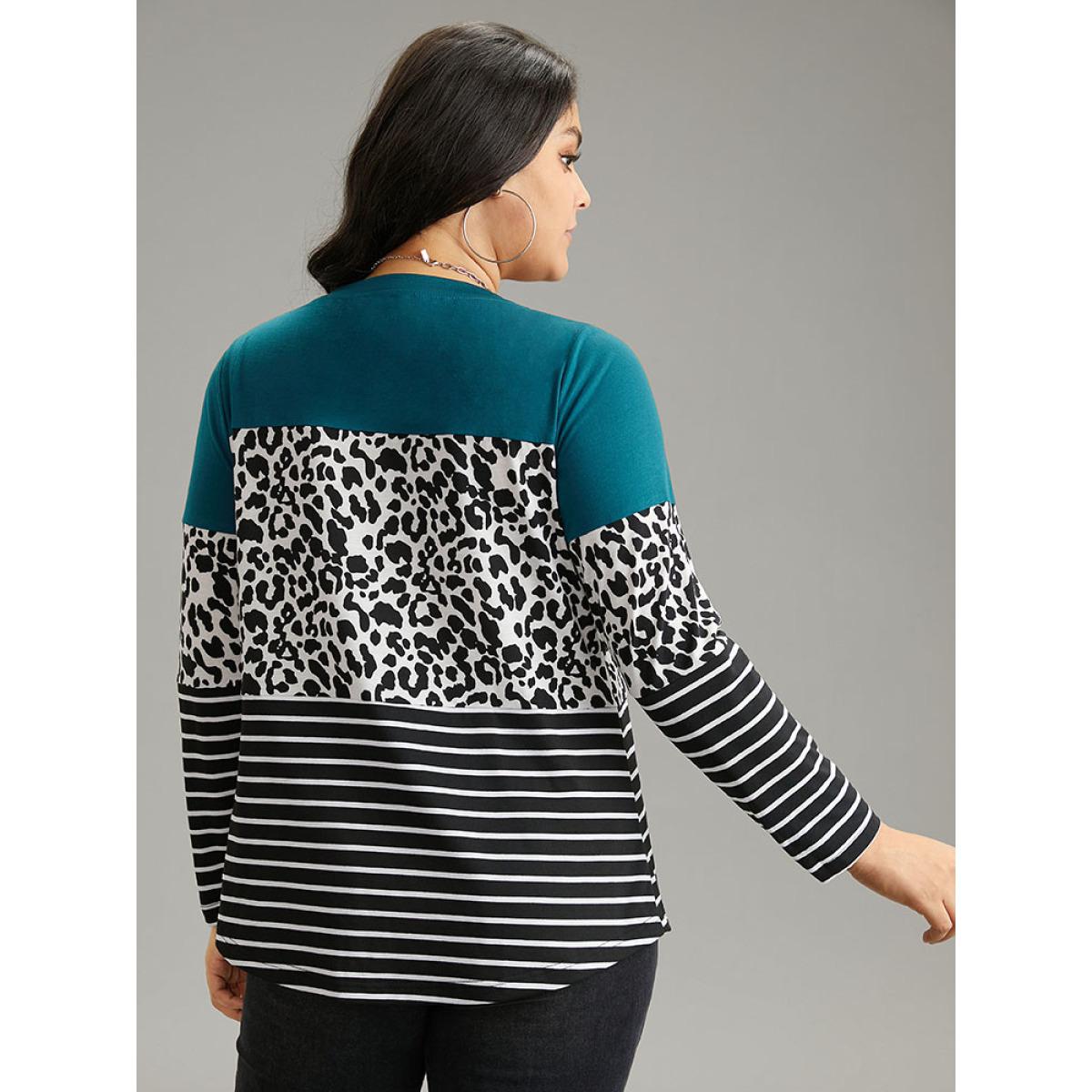 Plus Size Striped Leopard Patchwork Contrast Round Neck T-shirt Multicolor Women Casual Contrast Leopard Round Neck Dailywear T-shirts BloomChic 22-24/3X Product Image