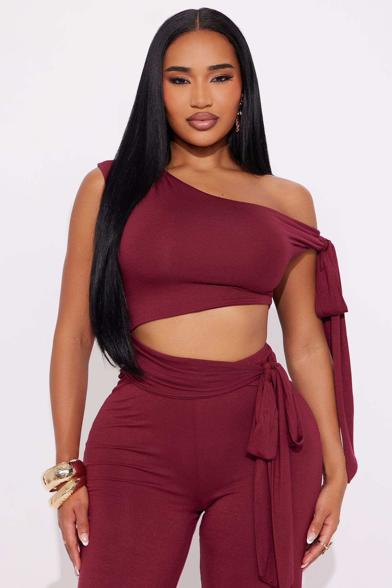 Hailey Off Shoulder Wide Leg Jumpsuit - Burgundy Female Product Image