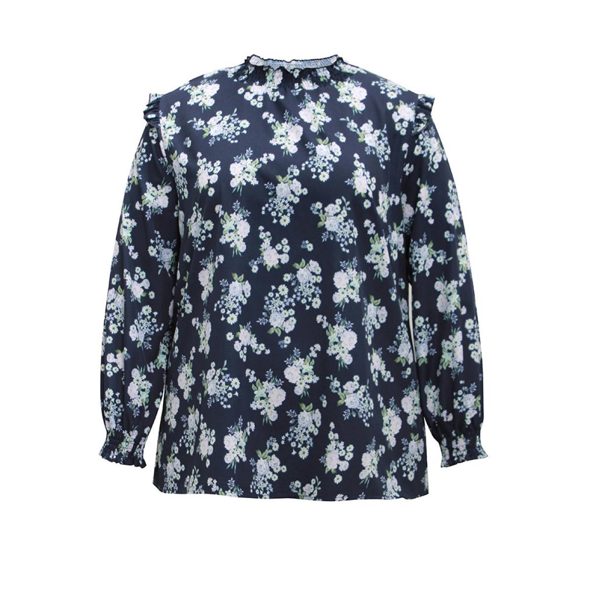 Plus Size Indigo Ruffle Trim Floral Print Shirred Blouse Women Elegant Long Sleeve Mock Neck Office Blouses BloomChic 18-20/2X Product Image
