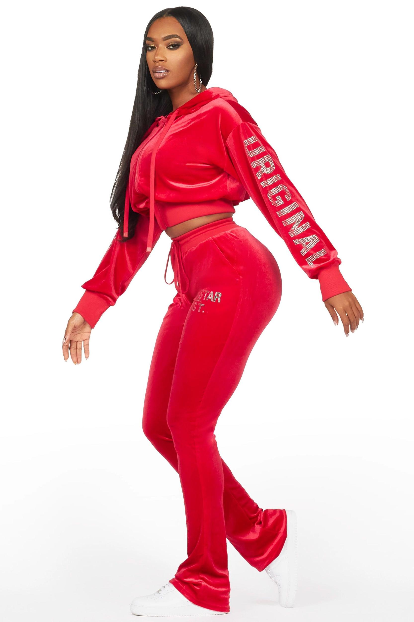 Shakura Red Stacked Rhinestone Velour Trackset Female Product Image
