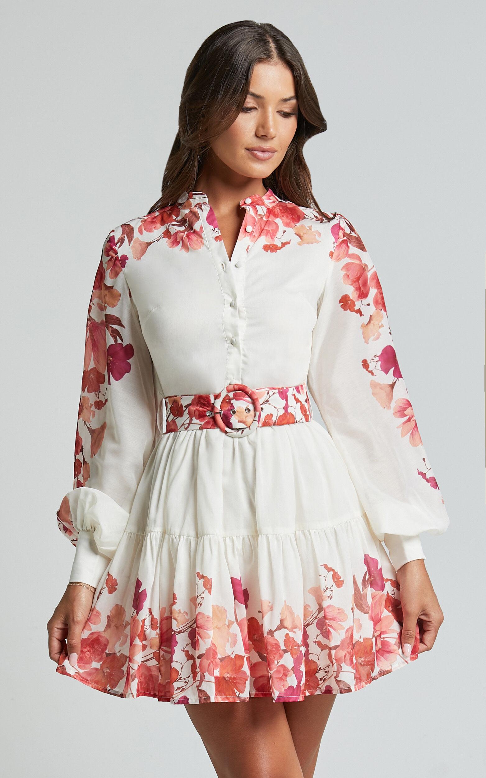 Becky Mini Dress - Long Bishop Sleeve Tiered Dress in Wildflower Print Product Image