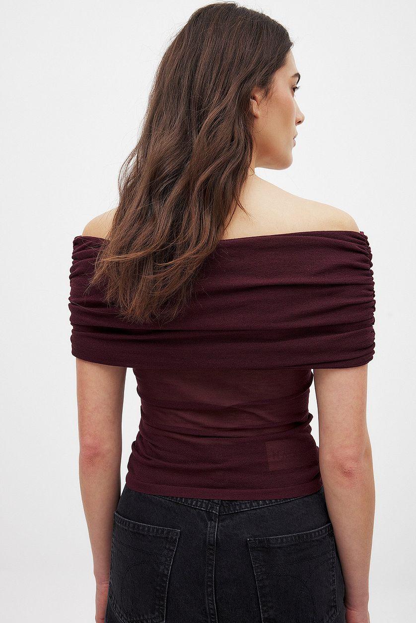 Off Shoulder Thin Knitted Top Burgundy Product Image