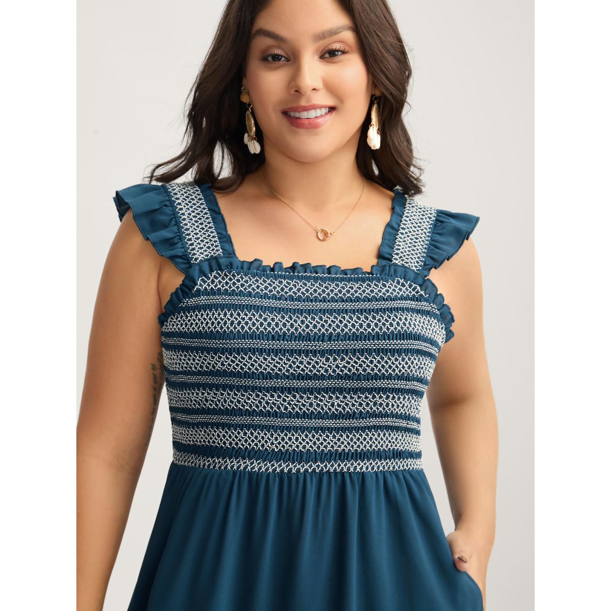 Plus Size Fancy Shirred Flutter Tiered Pockets Midi Dress Aegean Women Gathered Square Neck Sleeveless Curvy BloomChic 30/6X Product Image