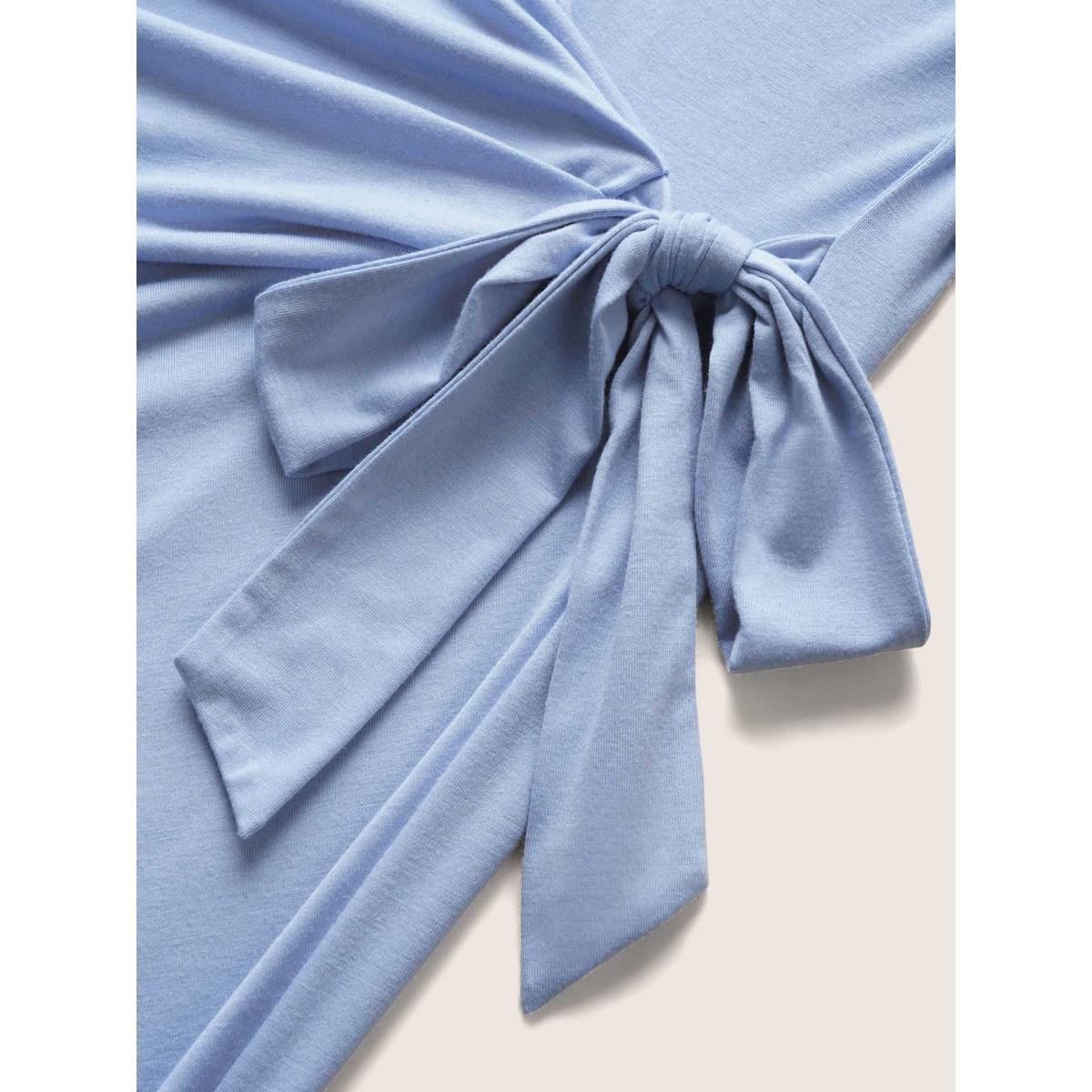 Plus Size Plain Tie Knot Batwing Sleeve Dress LightBlue Women Casual Tie knot Round Neck Cap Sleeve Curvy BloomChic 30/6X Product Image
