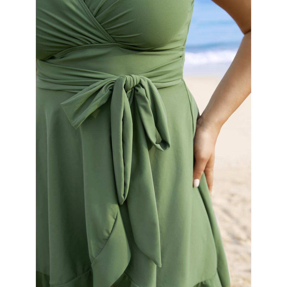 Plus Size Plain Ties Wrap Flutters Swim Dress Women's Swimwear Moss Resort Bodycon Overlap Collar High stretch Curve Swim Dresses BloomChic 10/M Product Image