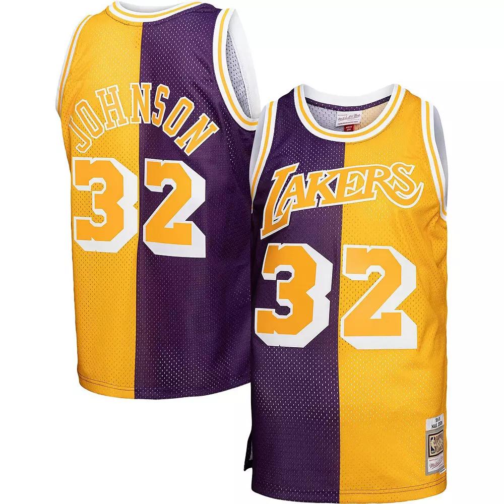 Men's Mitchell & Ness Magic Johnson Purple/Gold Los Angeles Lakers Big & Tall Hardwood Classics 1984-85 Split Swingman Jersey,  Product Image