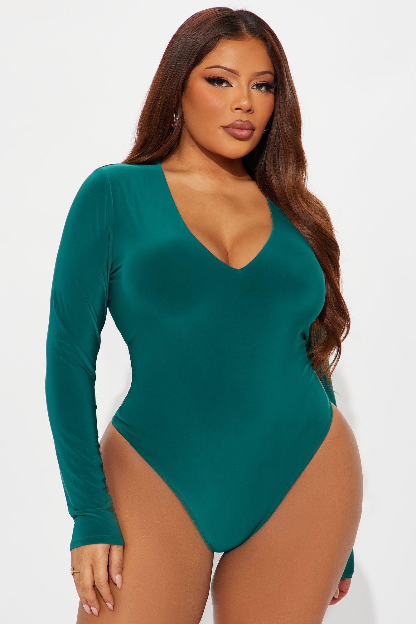 Take The Plunge Lined Long Sleeve Bodysuit - Hunter Green Female Product Image