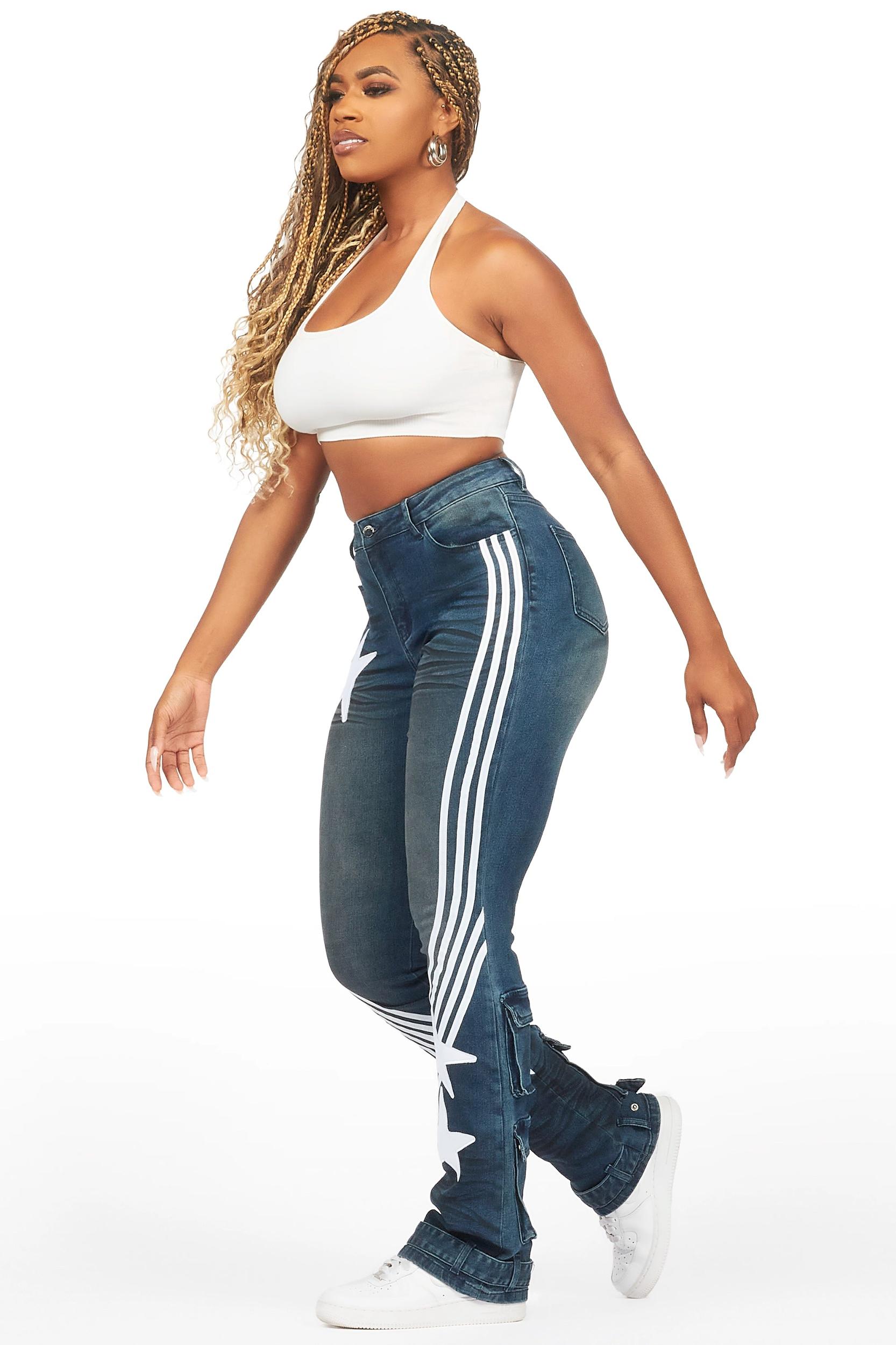 Jaziya Dark Wash Stacked Flare Jean Female Product Image