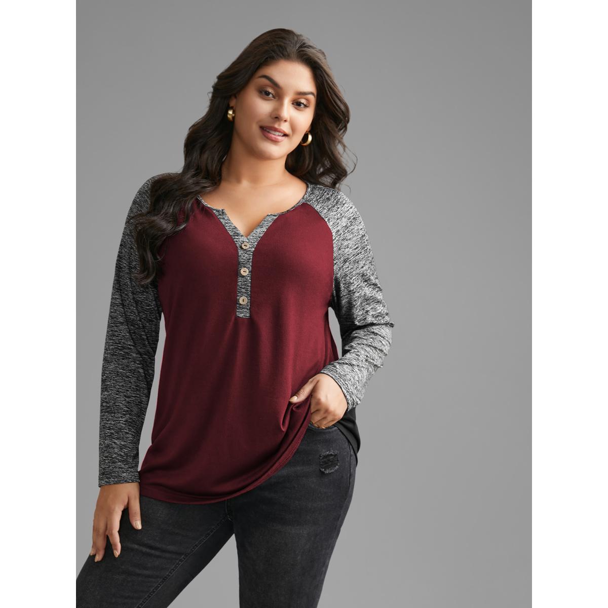 Plus Size Heather Patchwork Button Detail Stretchy T-Shirt Burgundy Women Leisure Contrast Flat collar with V-notch Casual T-shirts BloomChic 18-20/2X Product Image