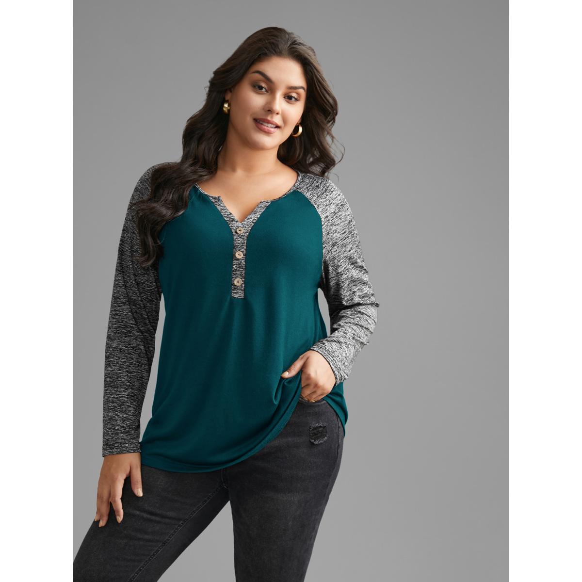 Plus Size Heather Patchwork Button Detail Stretchy T-Shirt Cyan Women Casual Contrast Flat collar with V-notch Everyday T-shirts BloomChic 18-20/2X Product Image