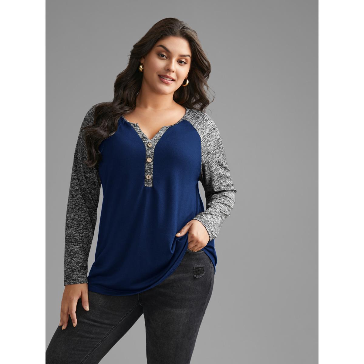 Plus Size Heather Patchwork Button Detail Stretchy T-Shirt DarkBlue Women Leisure Contrast Flat collar with V-notch Casual T-shirts BloomChic 12/L Product Image