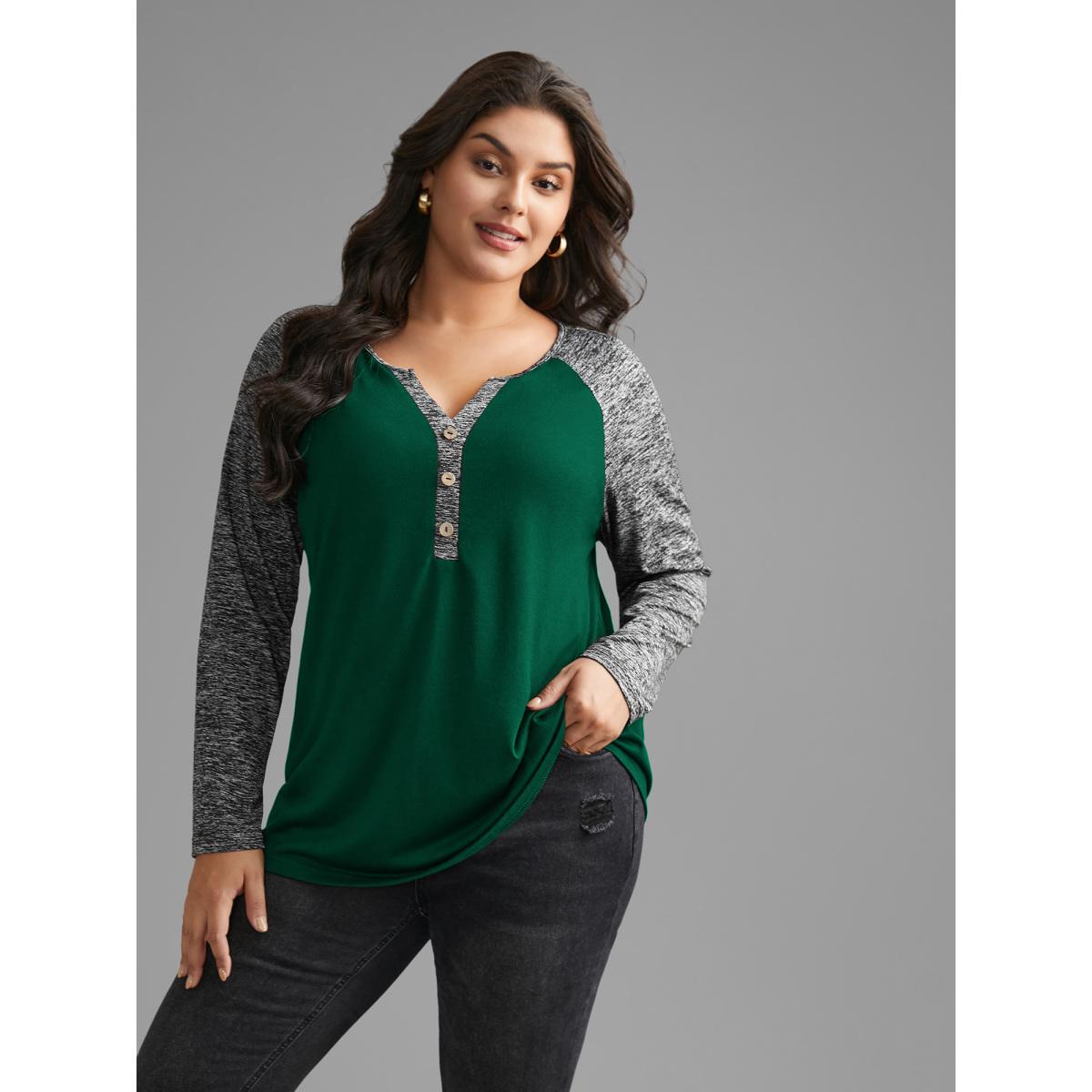 Plus Size Heather Patchwork Button Detail Stretchy T-Shirt DarkGreen Women Casual Contrast Flat collar with V-notch Everyday T-shirts BloomChic 14-16/1X Product Image