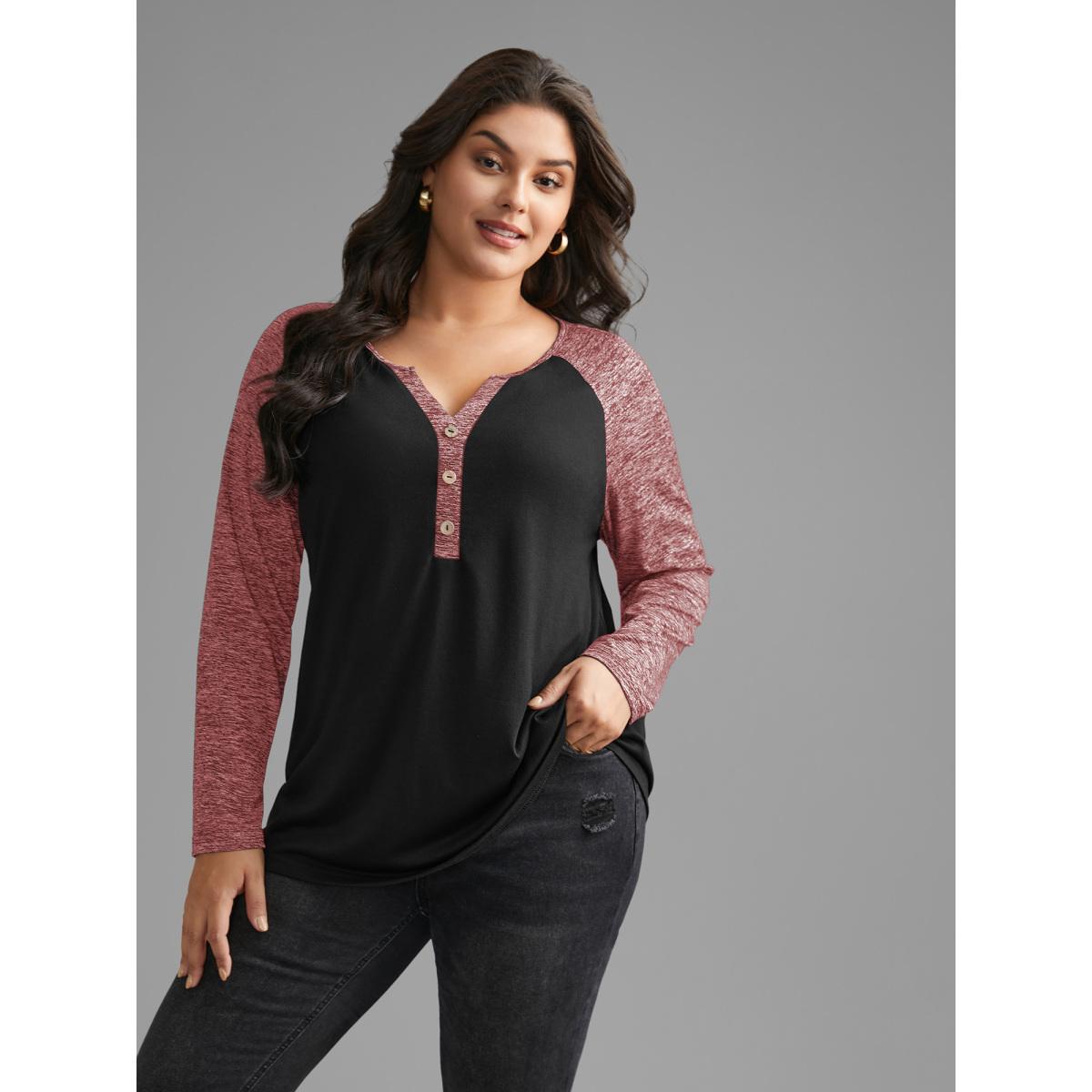 Plus Size Heather Patchwork Button Detail Stretchy T-Shirt Russet Women Casual Contrast Flat collar with V-notch Everyday T-shirts BloomChic 14-16/1X Product Image