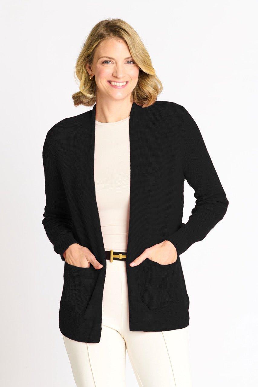 Waffle Stitch Cardigan Sweater with Pocket, Black Product Image