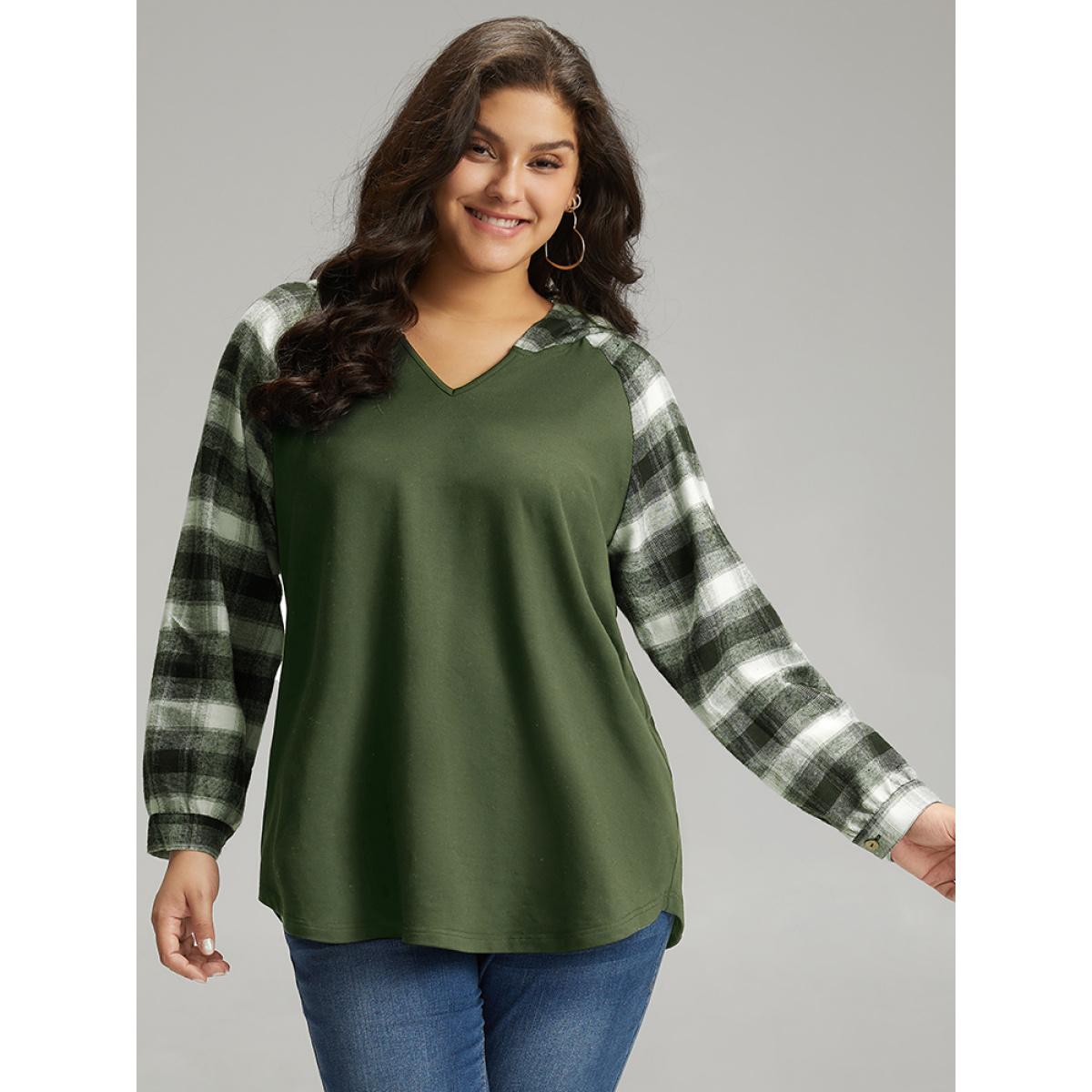 Plus Size Plaid Print Hooded Patchwork Sweatshirt Women ArmyGreen Casual Patchwork Hooded Everyday Sweatshirts BloomChic 30/6X Product Image