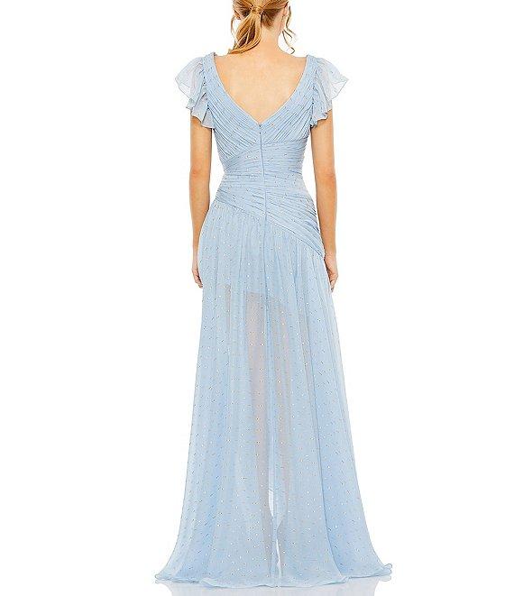 Mac Duggal Chiffon V-Neck Flutter Sleeve Ruffle Asymmetrical Hem Gown Product Image