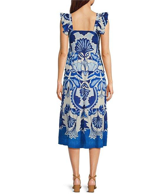 Vince Camuto Printed Square Neck Sleeveless Tiered Midi Dress Product Image