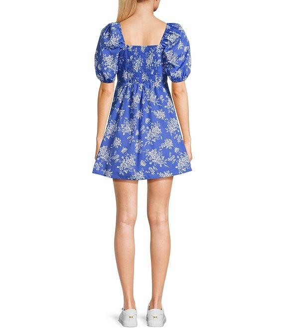 Copper Key Royal Floral Print Square Neck Short Puff Sleeve Smocked Back Dress Product Image