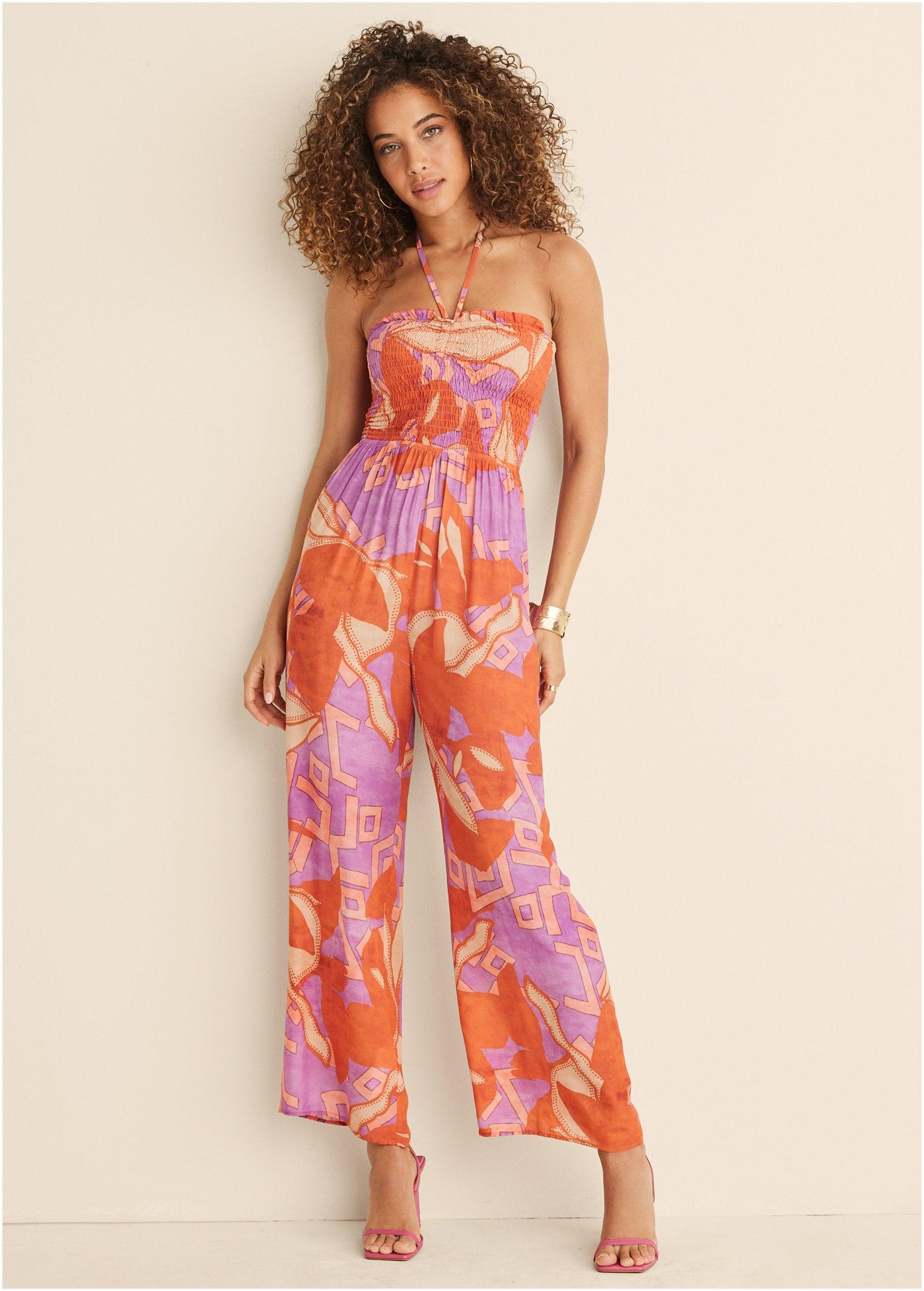 Smocked Printed Jumpsuit - Orange Multi Product Image