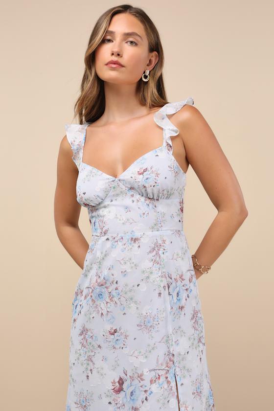 Delightful Direction Blue Floral Ruffled Tie-Strap Midi Dress Product Image