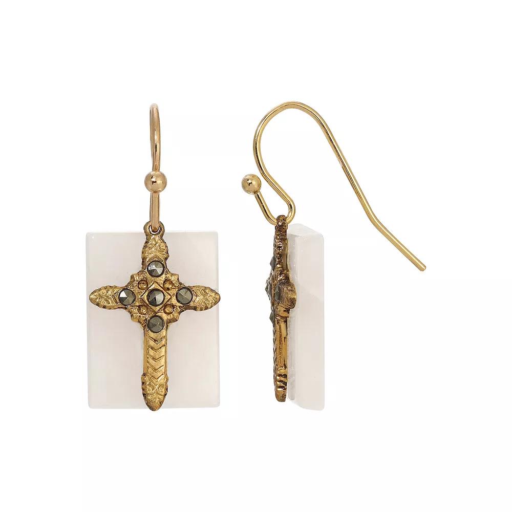 Symbols of Faith Gold Tone Semi-Precious Cross Drop Earrings, Womens, Black Product Image