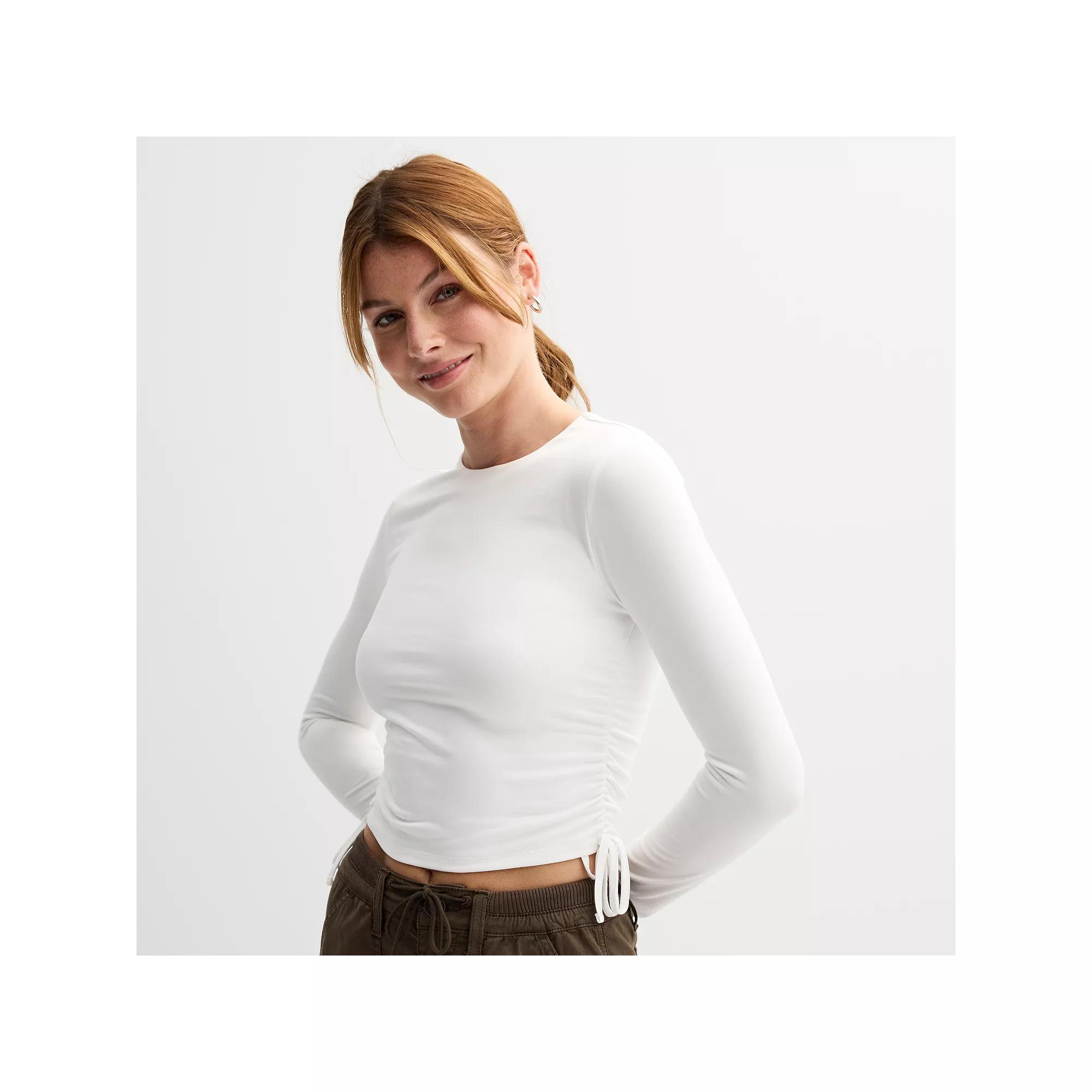 Juniors' Harper & Ivy Long Sleeve Lined & Side Ruching Cropped Top, Women's, Size: XL, Moonbeam Product Image