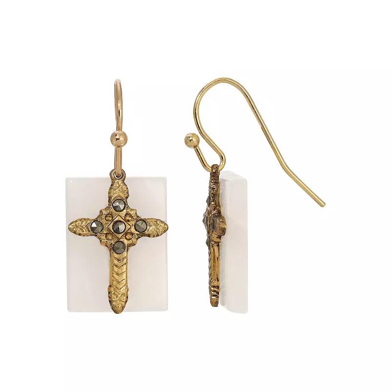 Symbols of Faith Gold Tone Semi-Precious Cross Drop Earrings, Womens, Black Product Image