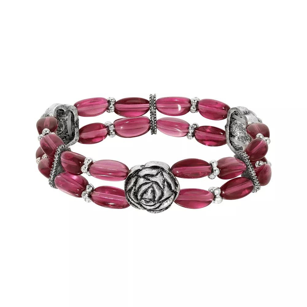 1928 Silver Tone Pewter Rose Purple Bead Stretch Bracelet, Women's Product Image