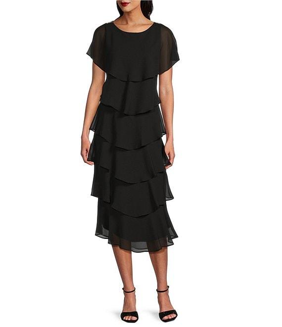 Ignite Evenings Cap Sleeve Crew Neck Beaded Trim Detail Chiffon Tiered Dress Product Image