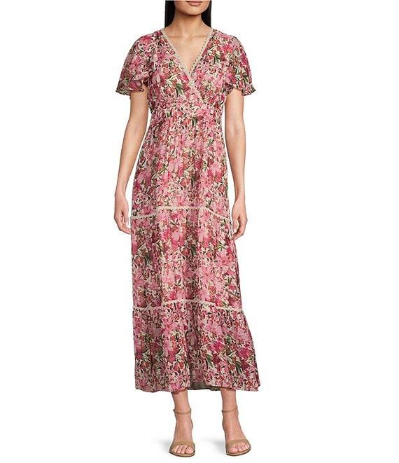 Anne Klein Chiffon Floral Print V Neck Short Sleeve A-Line Midi Dress Product Image