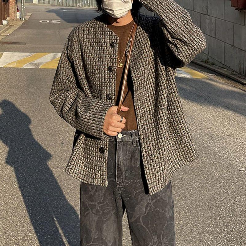 RT No. 5563 BROWN WOVEN PLAID COLLARLESS JK Product Image