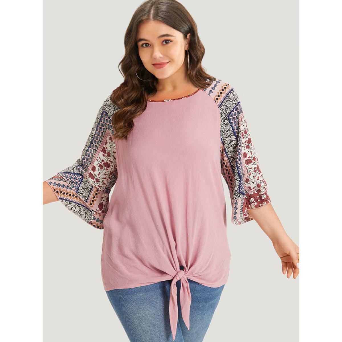 Plus Size DustyPink Bandana Patchwork Knotted Bell Sleeve Blouse Women Elegant Elbow-length sleeve Round Neck Dailywear Blouses BloomChic 30/6X Product Image