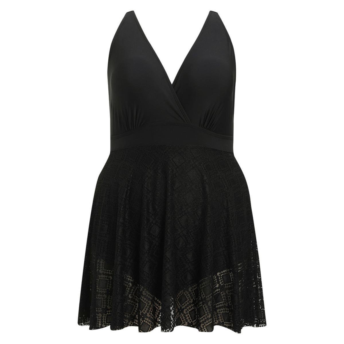 Plus Size Contrast Lace Ruffle Hem Surplice Neck Swim Dress Women's Swimwear Black Vacation Bodycon V-neck High stretch Curve Swim Dresses BloomChic 22-24/3X Product Image