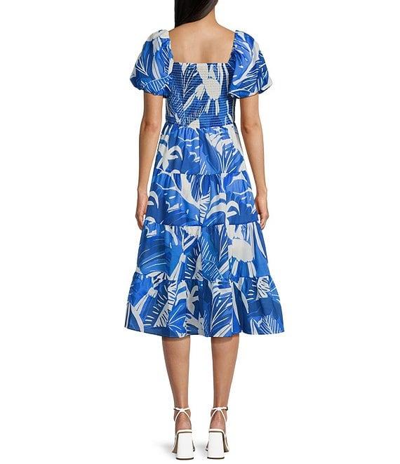 Midnight Doll Floral Print Short Puff Sleeve Smocked Bodice Midi Dress Product Image