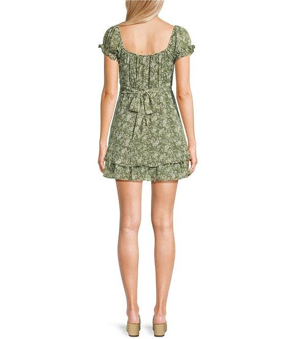 Allison & Kelly Floral Print Short Puff Sleeve Tie Back Tiered Dress Product Image