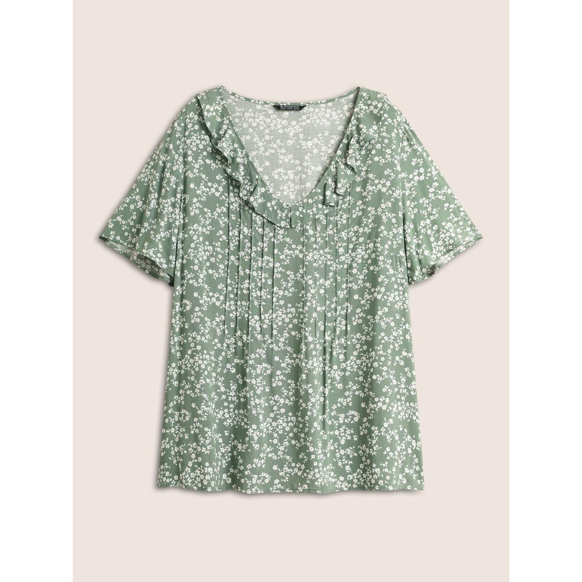 Plus Size Sage Rayon Ditsy Floral Pleated Patchwork Ruffles Blouse Women Elegant Short sleeve V-neck Everyday Blouses BloomChic 12/L Product Image