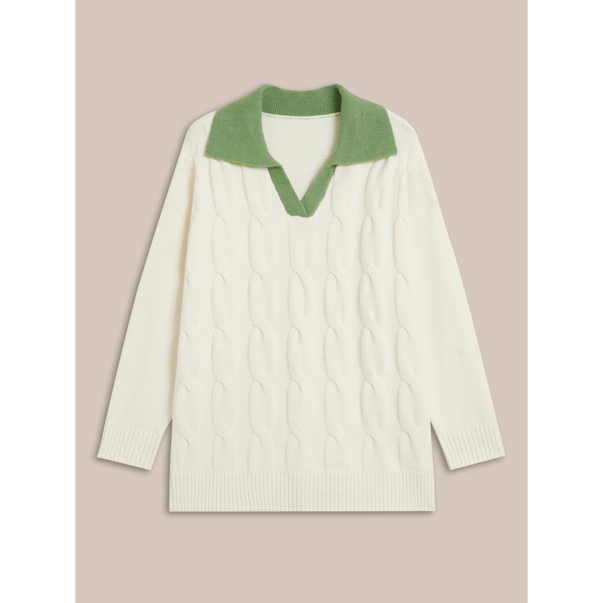 Plus Size Supersoft Essentials Contrast Polo Neck Cable Knit Pullover Beige Women Leisure Loose Long Sleeve Polo Casual Pullovers BloomChic 12/L Product Image