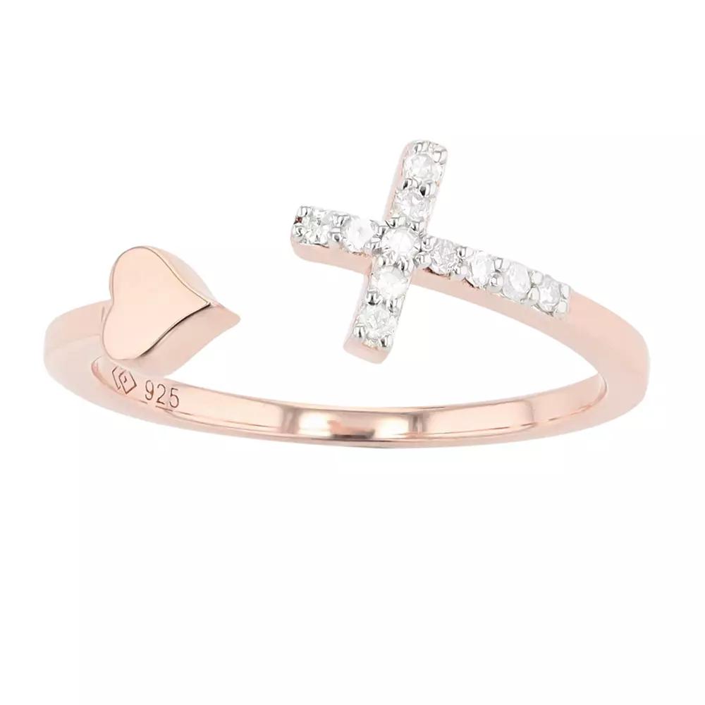 Sterling Silver 1/10 Carat T.W. Diamond Cross & Heart Ring, Women's, Size: 7, Pink Product Image